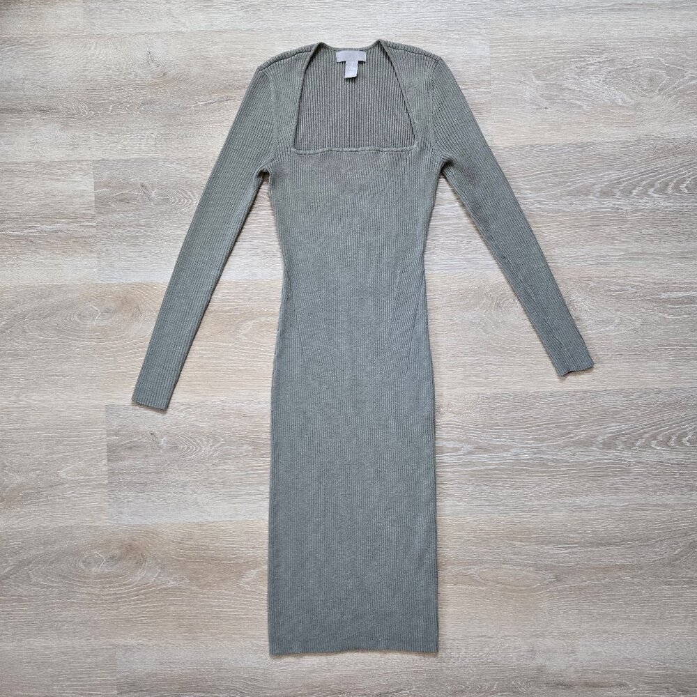 H&M Khaki Green Rib Knit Long Sleeve Midi Dress With Square Neckline Size Small
